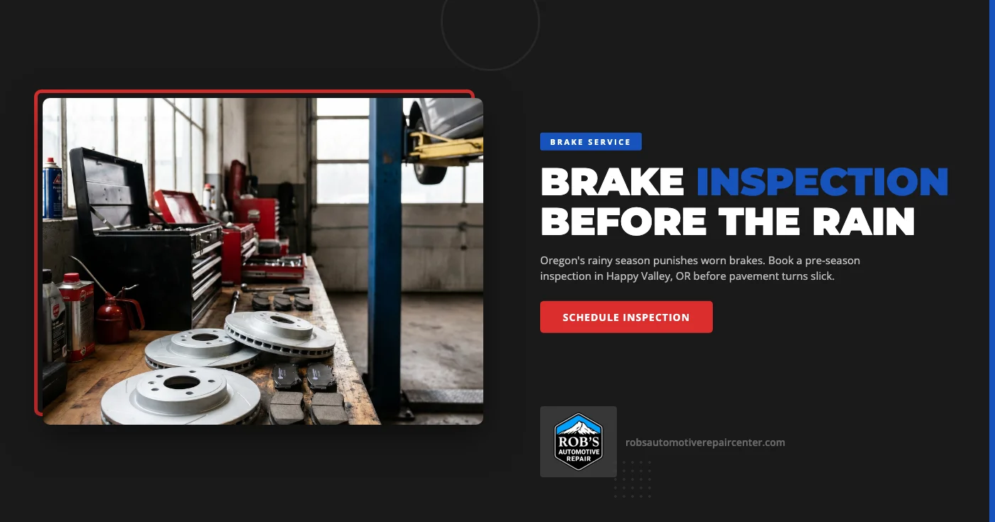 Pre-rainy-season brake inspection in Happy Valley, OR — Rob's Automotive Repair technician measuring pad thickness and inspecting a disc rotor on a lifted vehicle during a fall courtesy inspection