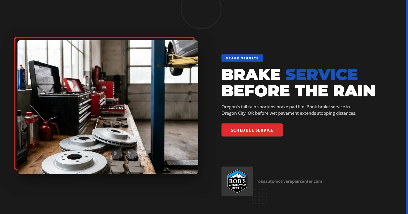 Fall brake service in Oregon City, OR — Rob's Automotive Repair technician measuring brake pad thickness on a lifted vehicle during a courtesy inspection before Pacific Northwest rain season