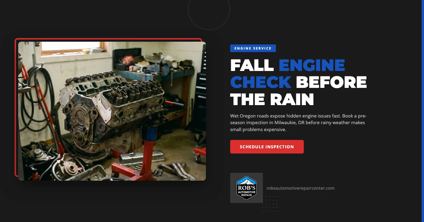 Fall engine inspection in Milwaukie, OR β Rob's Automotive Repair technician inspecting the engine bay of a lifted vehicle during a pre-rainy-season check, focused on belts, hoses, and battery
