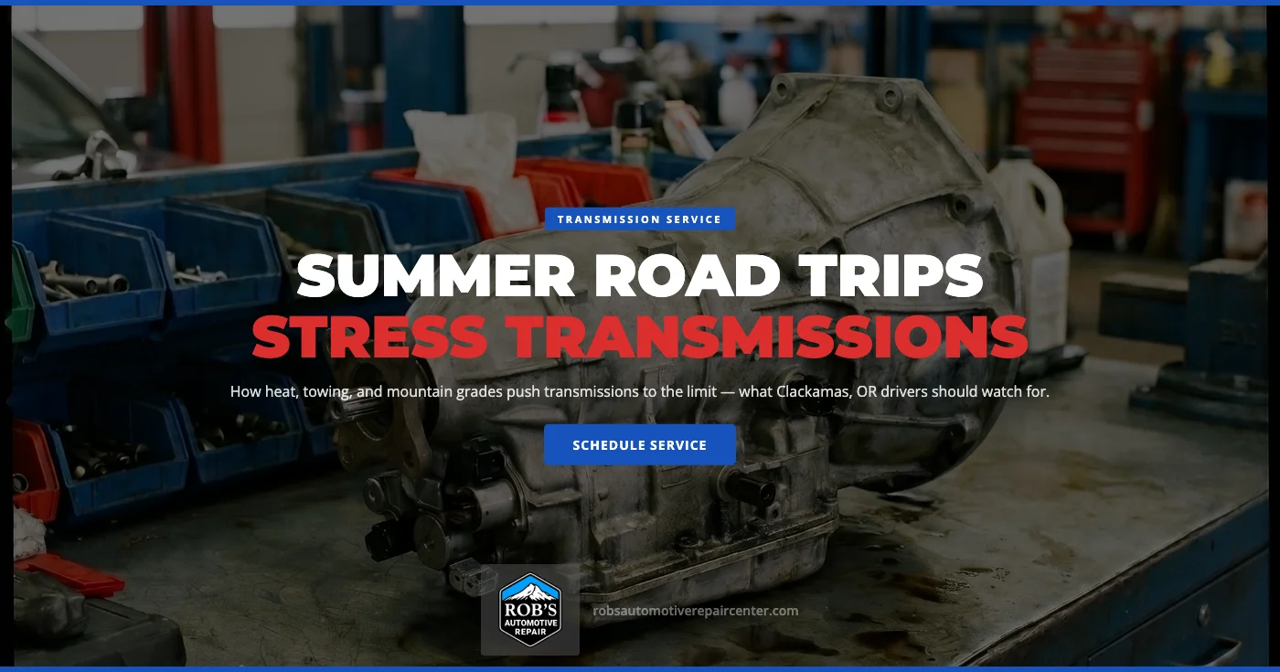 Summer transmission service in Clackamas, OR — Rob's Automotive Repair technician checking transmission fluid condition before a Mount Hood road trip
