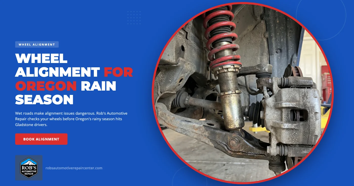 Wheel alignment service in Gladstone, OR β Rob's Automotive Repair technician measuring toe, camber, and caster on a lifted vehicle using the Hunter alignment rack during a pre-rainy-season alignment check