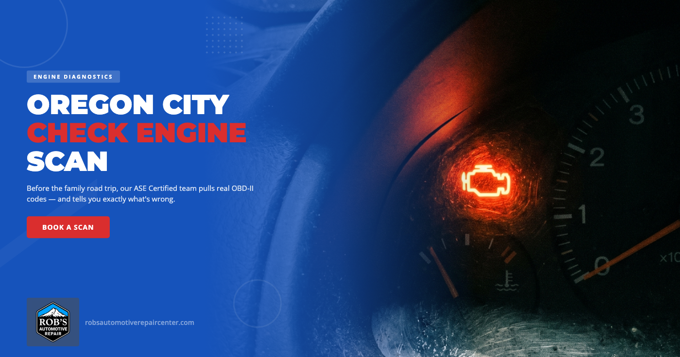 Check engine light diagnostic in Oregon City, OR — Rob's Automotive Repair technician running an OBD-II scan before a summer road trip