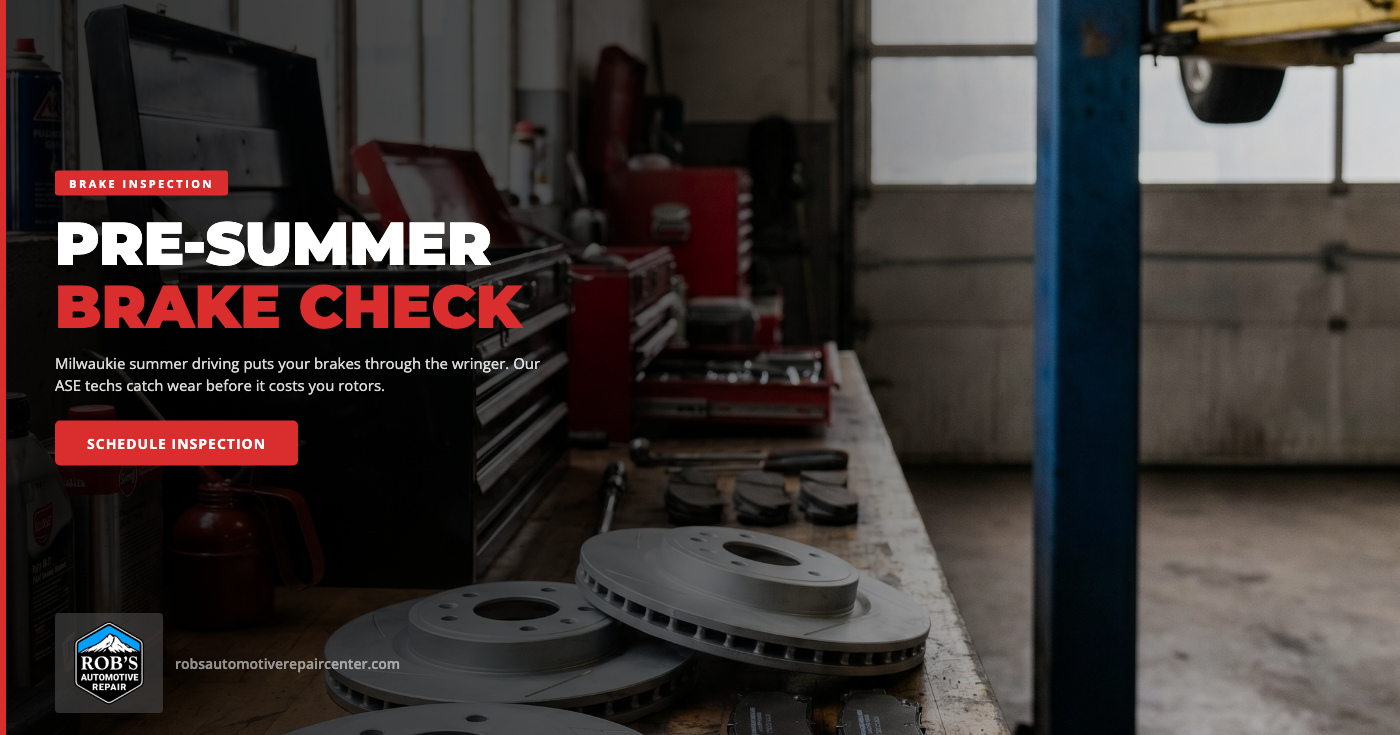 Pre-summer brake inspection in Milwaukie, OR β ASE Certified technician at Rob's Automotive Repair measuring brake pad thickness before an Oregon summer road trip