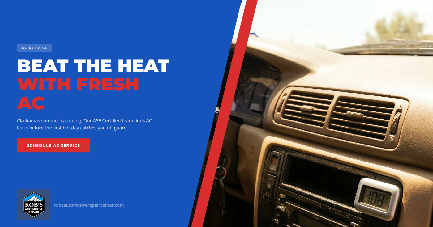 Pre-summer car AC service in Clackamas, OR β ASE Certified technician at Rob's Automotive Repair checking refrigerant pressures with manifold gauges before the Oregon summer heat